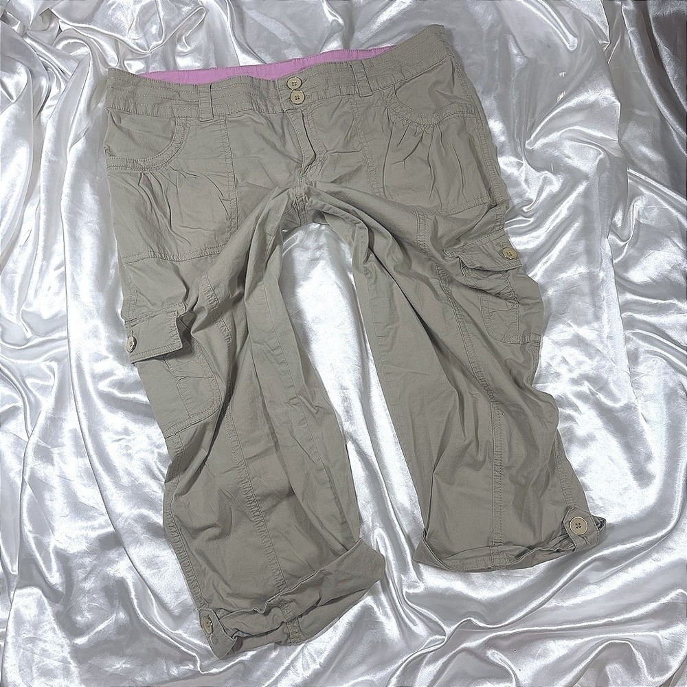 y2k Cargo Capri Pants Khaki Excellent Style & Co Tan Pink Trim Utility Crop 12